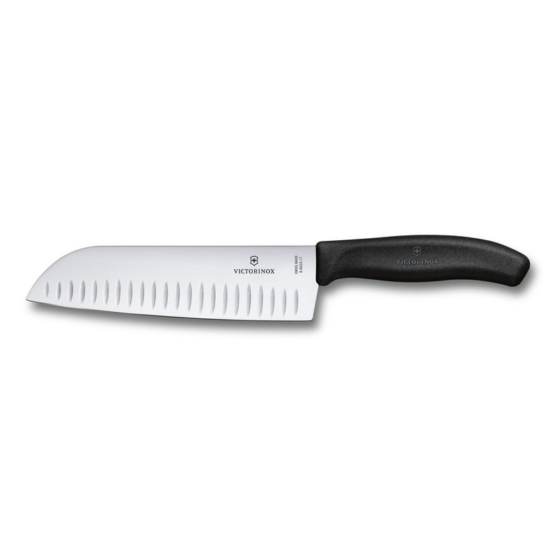 Cuchillo Santoku, Swiss Classic, de filo con alvéolos, Negro