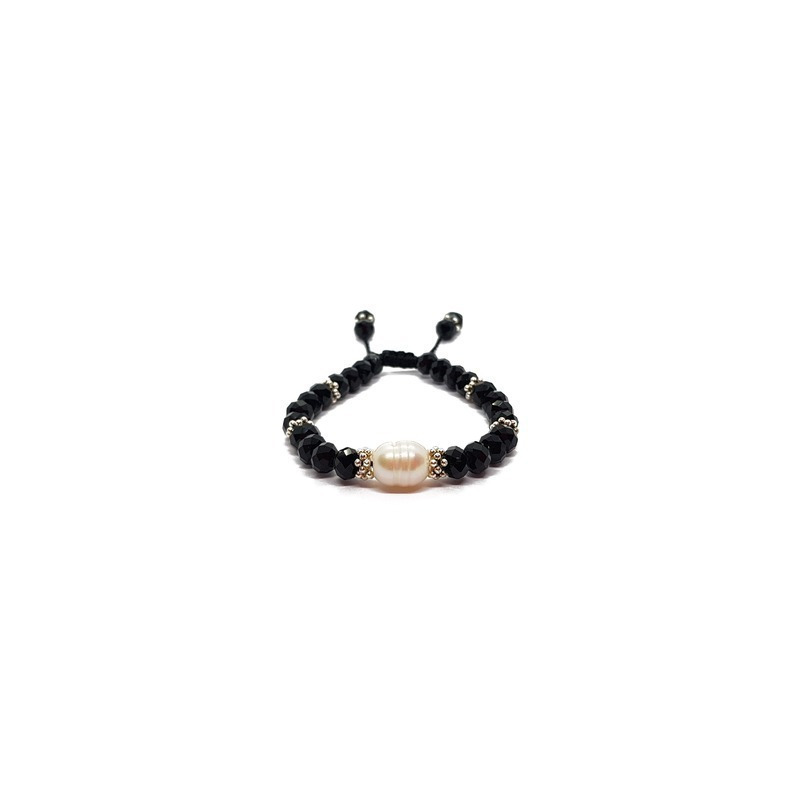 Pulsera de cristal negro y perla al centro