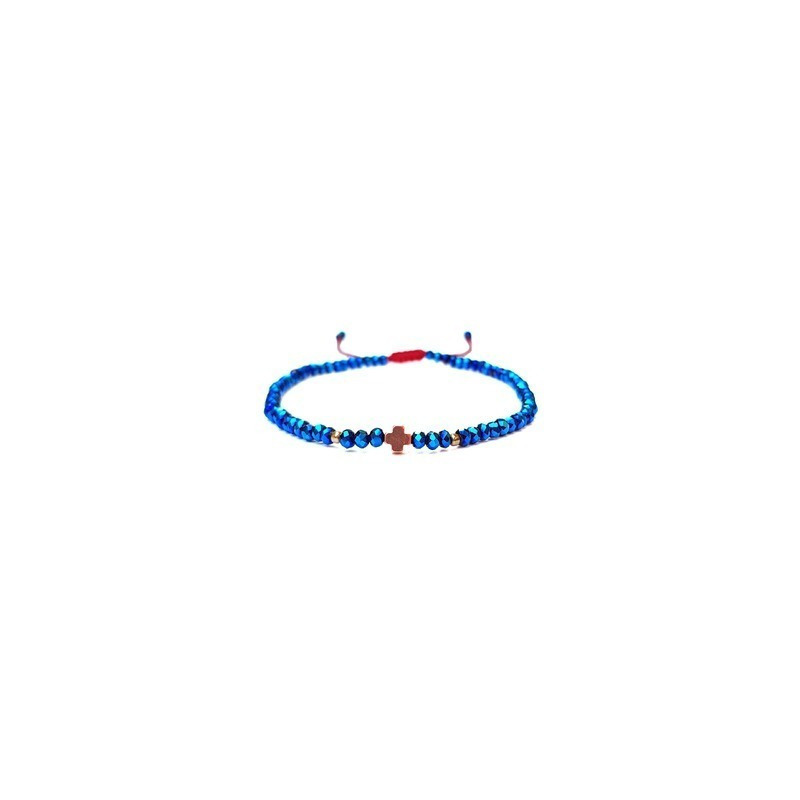 Pulsera de cristal azul con cruz chica hematita